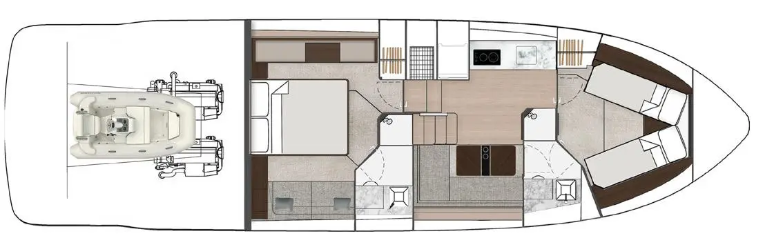 Boat interior layout featuring a galley, seating area, double bed, and twin beds, with kitchen appliances and storage options.